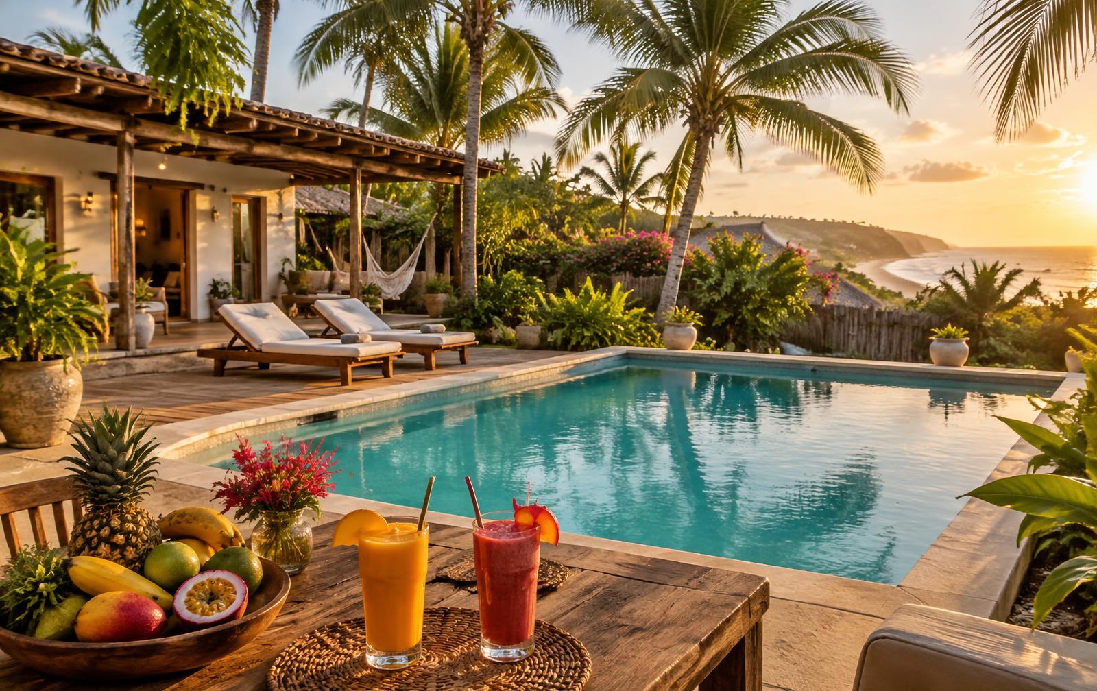 Piscina, cadeiras de sol e smoothies no espaço externo da Pipa Saúde em Pipa-RN